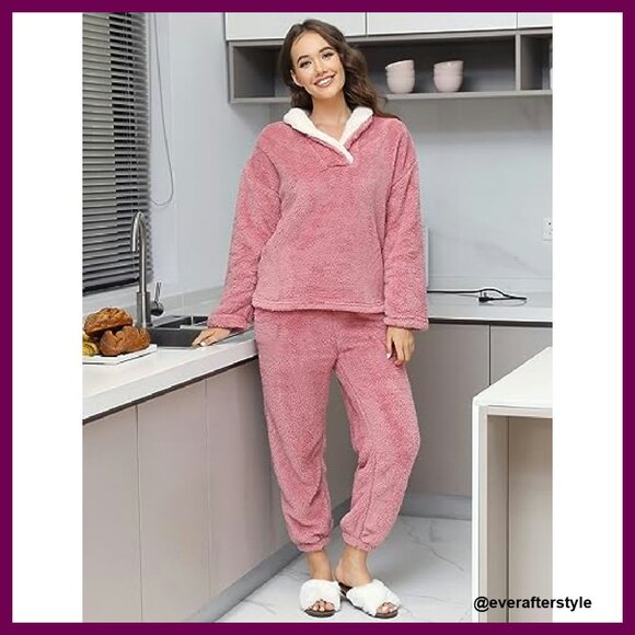 Fuzzy Flannel Pajama Set Cozy Winter Sleepwear Lounge Wear Plush Fleece - Picture 3 of 8
